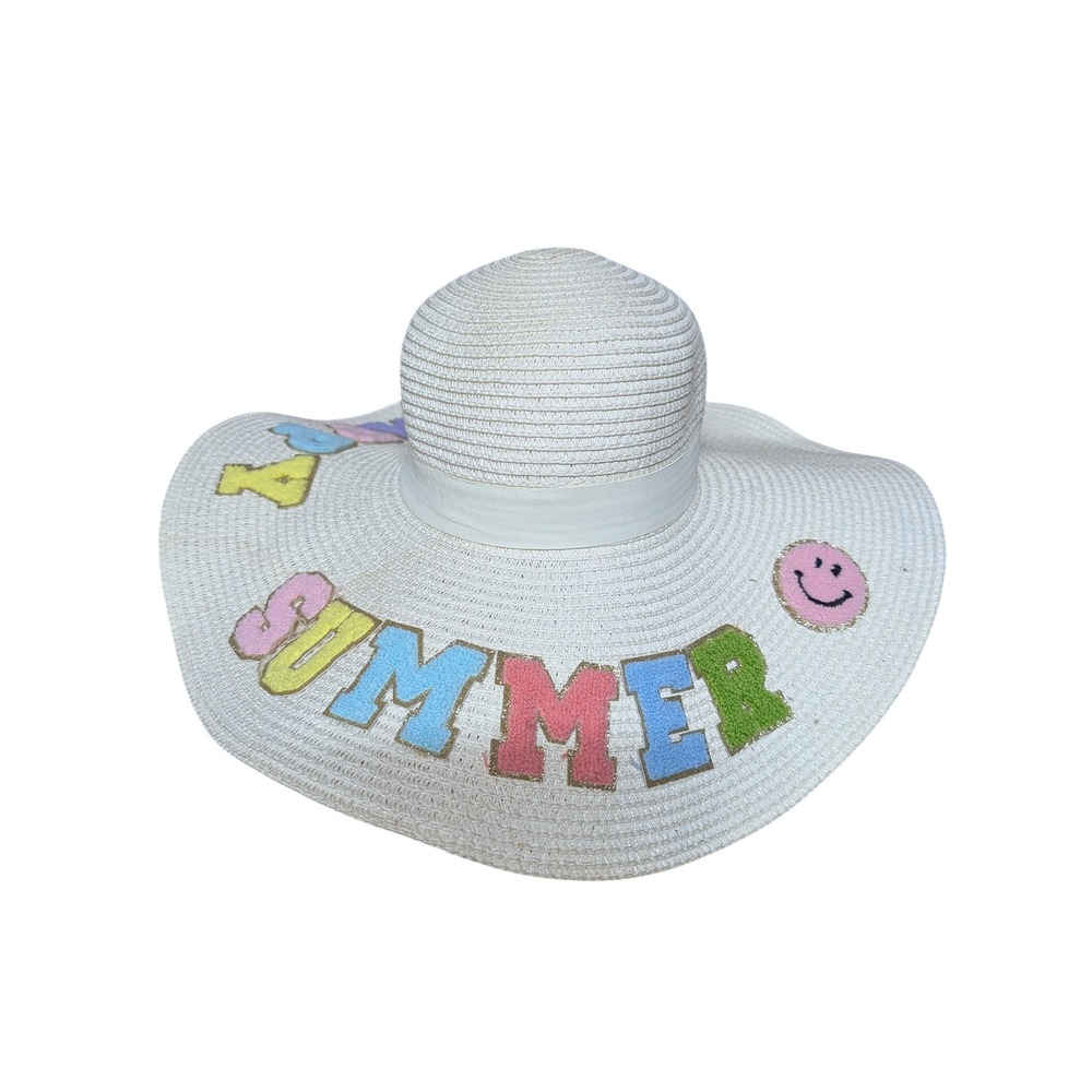 Lucky Happy Summer Sun Hat Women Size 7 White Good Floppy Wide Brim Smiley Face - Picture 4 of 4